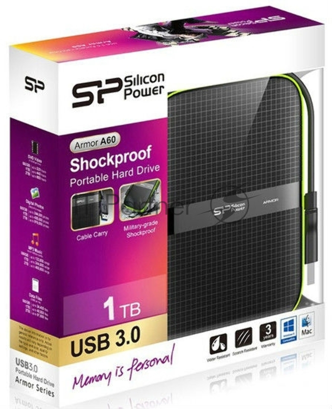 Внешний HDD 2.5" Silicon Power Armor A60, 1TB, USB 3.2 Gen 1 Type-A, 5400 rpm, черно-лаймовый