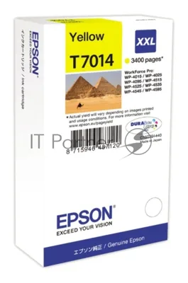 Картридж струйный Epson C13T70144010 желтый (3400 стр. сверх-повышенной емкости) для WorkForce WP-4015DN WP-4015, WP-4025DW WP-4025, WP-4095DN WP-4095, WP-4515DN WP-4515, WP-4525DNF WP-4525, WP-4535DWF WP-4535, WP-4595DNF WP-4595