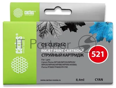 Картридж струйный Cactus CS-CLI521С голубой (8,4 мл) для Canon MP540/MP550/MP620/MP630/MP640/MP660