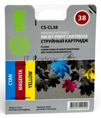 Картридж струйный Cactus CS-CL38 цветной (9 мл.) для Canon Pixma iP1800/iP1900/iP2500/iP2600/MP140/MP190/MP210/MP220/MP470/MX300/MX310