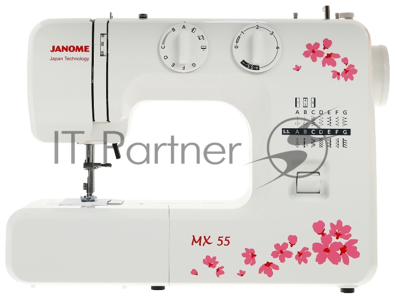 Швейная машина Janome MX 55 белый/розовый, электромеханическая, вертикальный качающийся, 15 операций, петля полуавтомат