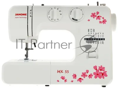 Швейная машина Janome MX 55 белый/розовый, электромеханическая, вертикальный качающийся, 15 операций, петля полуавтомат