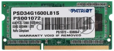 Оперативная память Patriot, DDR3L, 4GB (1x4 GB), 1600 MHz, CL11, SO-DIMM