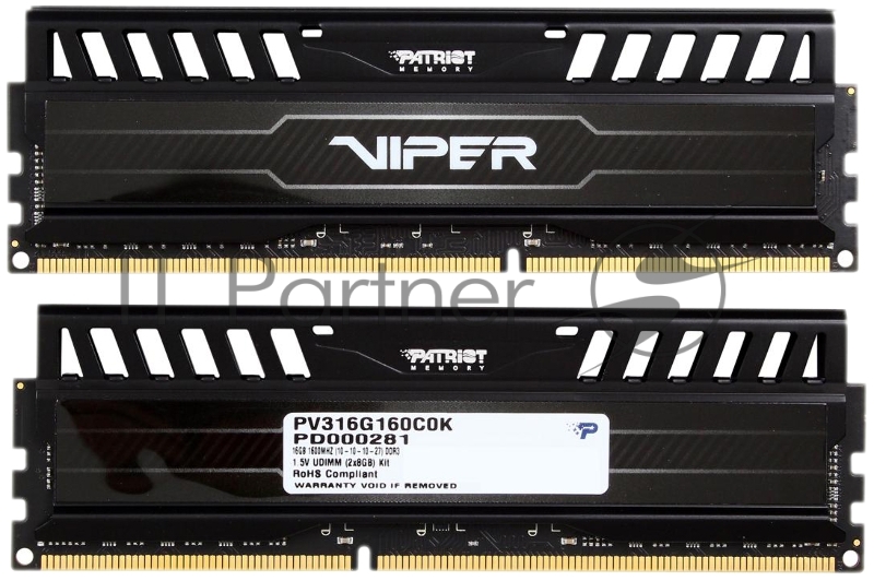 Оперативная память Patriot Viper 3, DDR3, 16GB (2x8 GB), 1600 MHz, CL10, DIMM, радиатор, черный