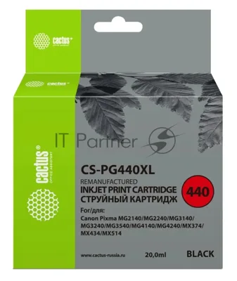 Картридж струйный Cactus CS-PG440XL черный (600 стр., 20 мл) для Canon Pixma MG2140/3140/2240/2245/3240/3540/3640/4140/4240/4250/MX374/375/394/434/454/474/514/524/534/TS5140