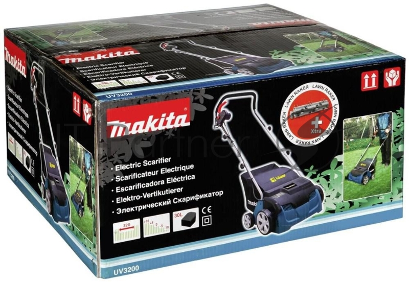 Газонокосилки Makita UV3200 Скарификатор, 1300Вт,32см,3500об\мин,5уров(-10+10мм),30л,нож-фреза,12кг,кор