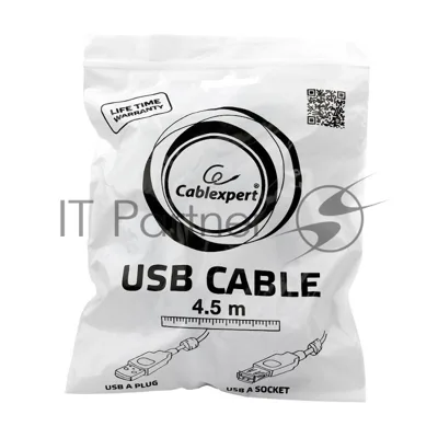 Кабель Gembird/Cablexpert USB 2.0, AM/AF, 4.5м, экран, 2феррит.кольца, черный, пакет