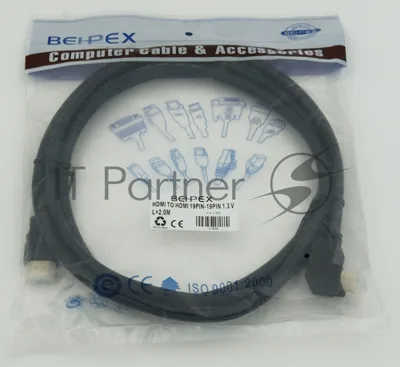 Кабель HDMI 2м, 19pin to 19pin, 1 угловой разъем, черный 