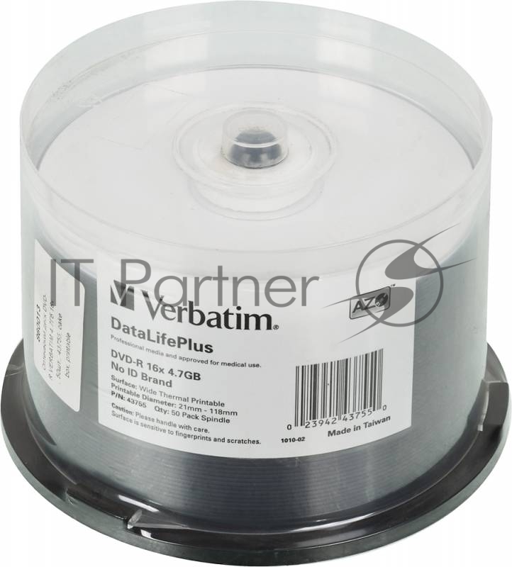 Диск DVD-R Verbatim 4.7Gb 16x Cake Box (50шт) Printable (43755)