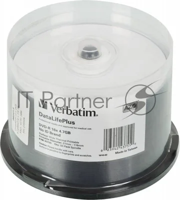 Диск DVD-R Verbatim 4.7Gb 16x Cake Box (50шт) Printable (43755)