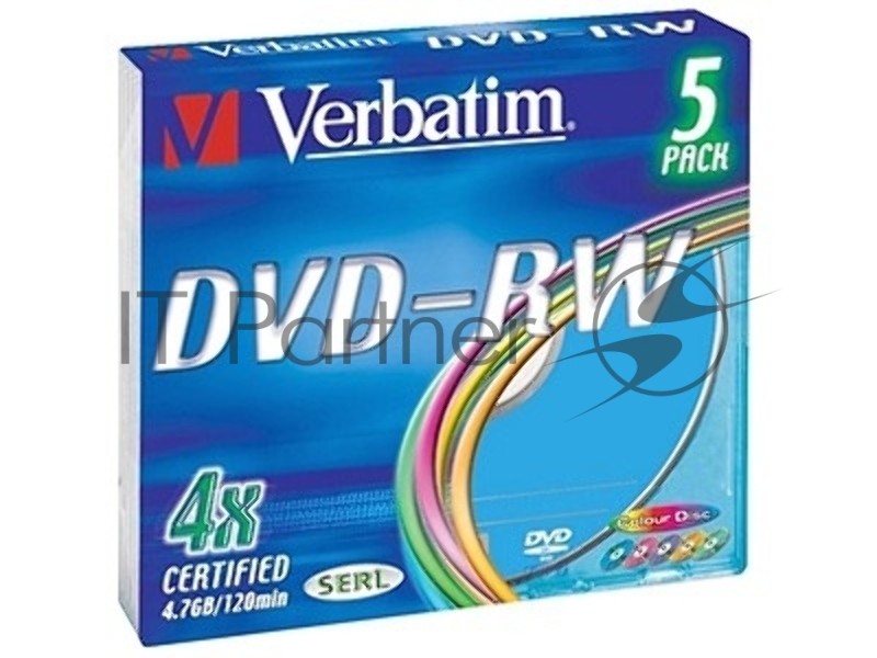 Диск DVD-RW Verbatim 4.7Gb 4x Slim case (5шт) Color (43563)