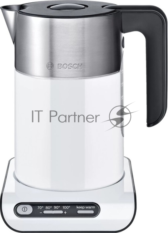 Электрочайник Bosch TWK8611P белый/серебристый, 1.5 л, 2400 Вт, скрытый нагревательный элемент, поддержание температуры