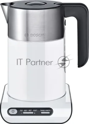 Электрочайник Bosch TWK8611P белый/серебристый, 1.5 л, 2400 Вт, скрытый нагревательный элемент, поддержание температуры