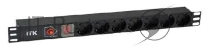 Блок ITK PDU 7 розеток DIN49440 (нем. станд.) с LED выключателем и защитой от перенапряжения, 1U, без шнура, вх. IEC320 C14, алюминевый профиль, черный