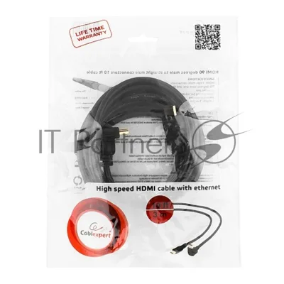 Кабель Cablexpert HDMI CC-HDMI490-10, 19M/19M, v2.0, медь, позол.разъемы, экран, угловой, 3м, черный, пакет