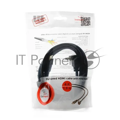 Кабель Cablexpert HDMI CC-HDMI490-6, 19M/19M, v2.0, медь, позол.разъемы, экран, угловой, 1.8м, черный, пакет