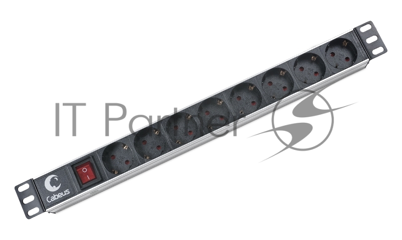 Блок евророзеток для 19" шкафов Cabeus PDU-8P горизонтальный, 8 розеток, 10 A, выключатель, гнездо под шнур, алюминиевый корпус