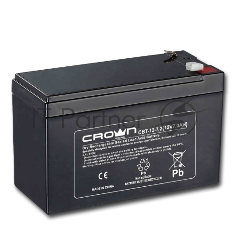 Батарея для ИБП CROWN CBT-12-7.2 (напряжение 12В, емкость 7.2 А/Ч, разм 151х65х100 мм, вес 2,1 кг, тип клеммы - F2, 5 лет)