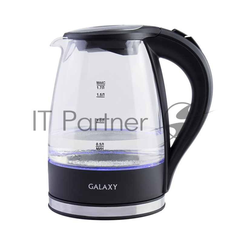 Чайник электрический Galaxy Line GL 0552, черный, стекло, 2200 Вт, 1,7 л, LED-подсветка, шкала уровня воды, корпус из термостойкого стекла