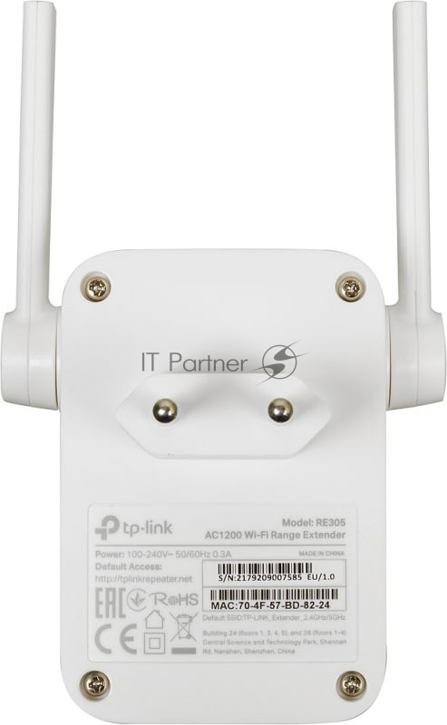 Двухдиапазонный усилитель беспроводного сигнала TP-Link (ретранслятор), 867 Мбит/с на 5 ГГц + 300 Мбит/с на 2,4 ГГц (SOHO RE305) поставляется без кабеля RJ-45