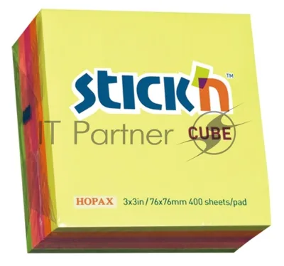 Блок самоклеящийся бумажный Stick`n 21012 76x76 мм, 400 листов, 70 г/м2, неон, 5 цветов в упаковке