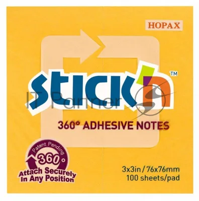 Блок самоклеящийся бумажный Stick`n 21551 76x76 мм, 100 листов, 70 г/м2, оранжевый клей по периметру