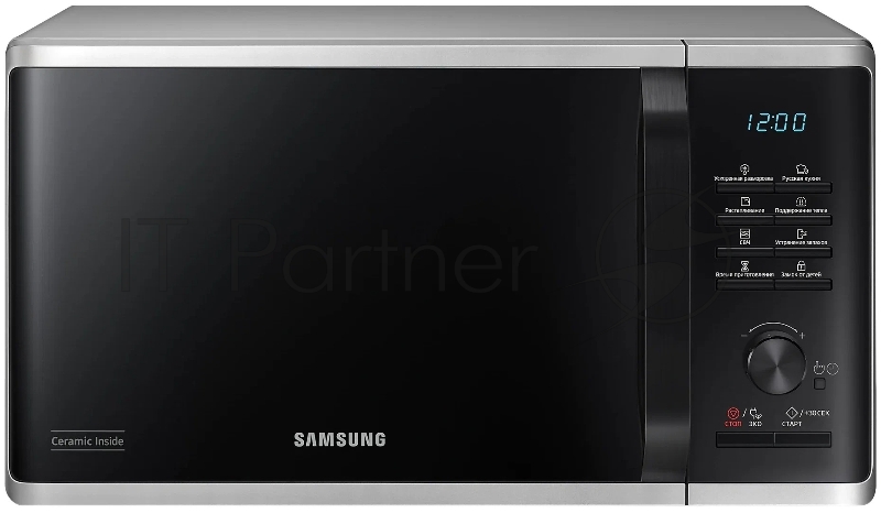 Микроволновая печь Samsung MG23K3515AS/BW серебристый/черный, 23 л, 800 Вт, переключатели - кнопки, поворотный механизм