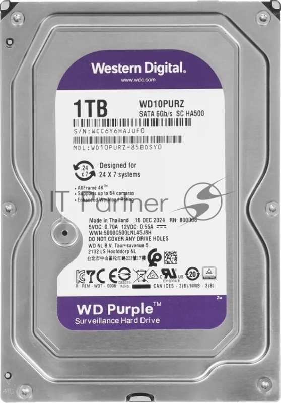 Жесткий диск HDD WD Purple 1Tb 5400rpm SATA 64Mb 3.5"