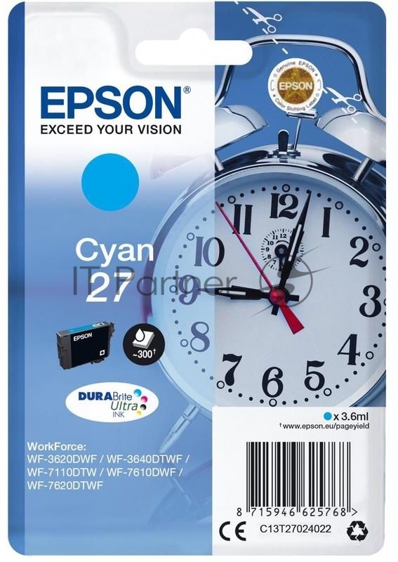 Картридж струйный Epson T2702 (C13T27024022/C13T27024020) голубой, 300 стр., для WF7110/7610/7620