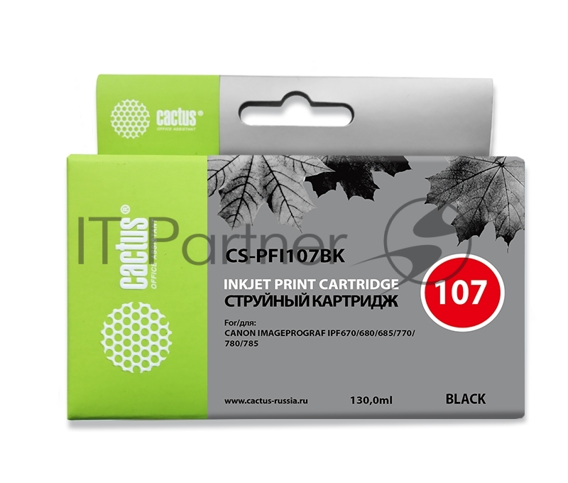 Картридж струйный Cactus CS-PFI107BK черный (130 мл) для Canon IP iPF670/iPF680/iPF685/iPF770/iPF780/iPF785
