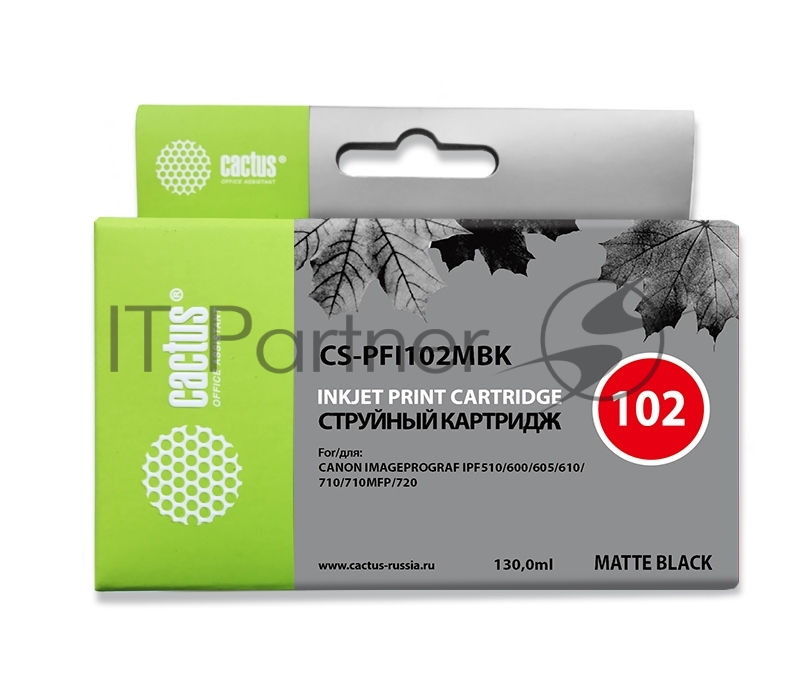 Картридж струйный Cactus CS-PFI102MBK черный матовый (130мл) для Canon iPF500/iPF600/iPF700/MFP M40/iPF765/LP17/LP24