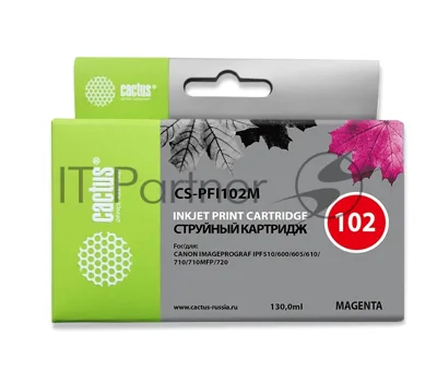 Картридж струйный Cactus CS-PFI102M пурпурный (130мл) для Canon IP iPF500/iPF600/iPF700/MFP M40/iPF765/LP17/LP24
