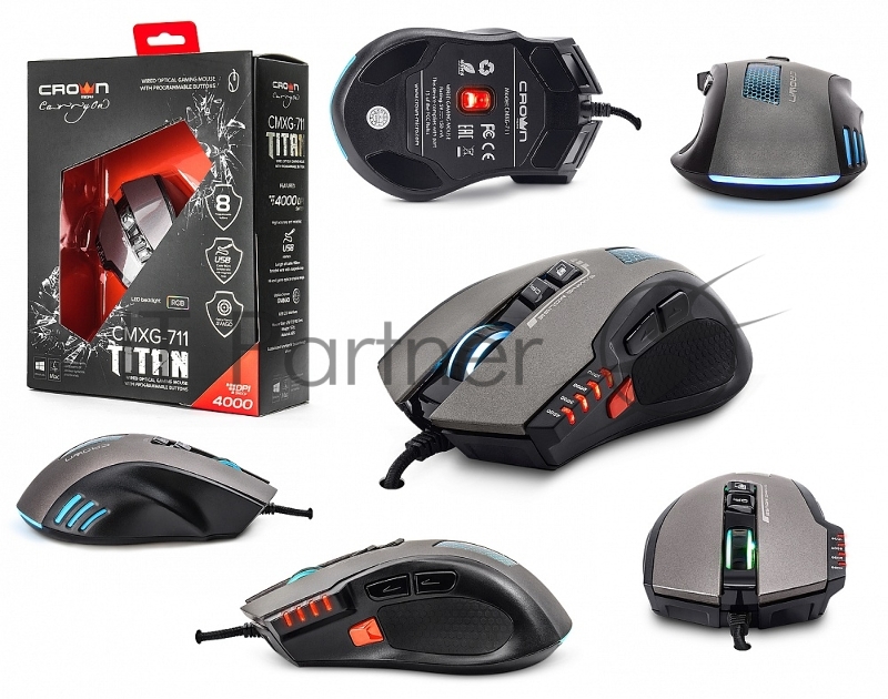 Мышь проводная Crown Gaming CMXG-711 черный, 4000 dpi, USB, кнопки - 8