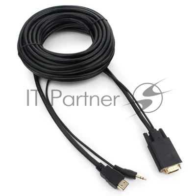 Кабель HDMI->VGA Cablexpert A-HDMI-VGA-03-10M, 19M/15M + 3.5Jack, медь, позол.разъемы, 10м, черный, пакет