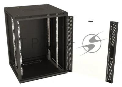 Шкаф настенный Hyperline TWB-0645-GP-RAL9004 19-дюймовый (19"), 6U, 367 x 600 х 450 мм, стеклянная дверь с перфорацией по бокам, ручка с замком, черный (RAL 9004) (разобранный)