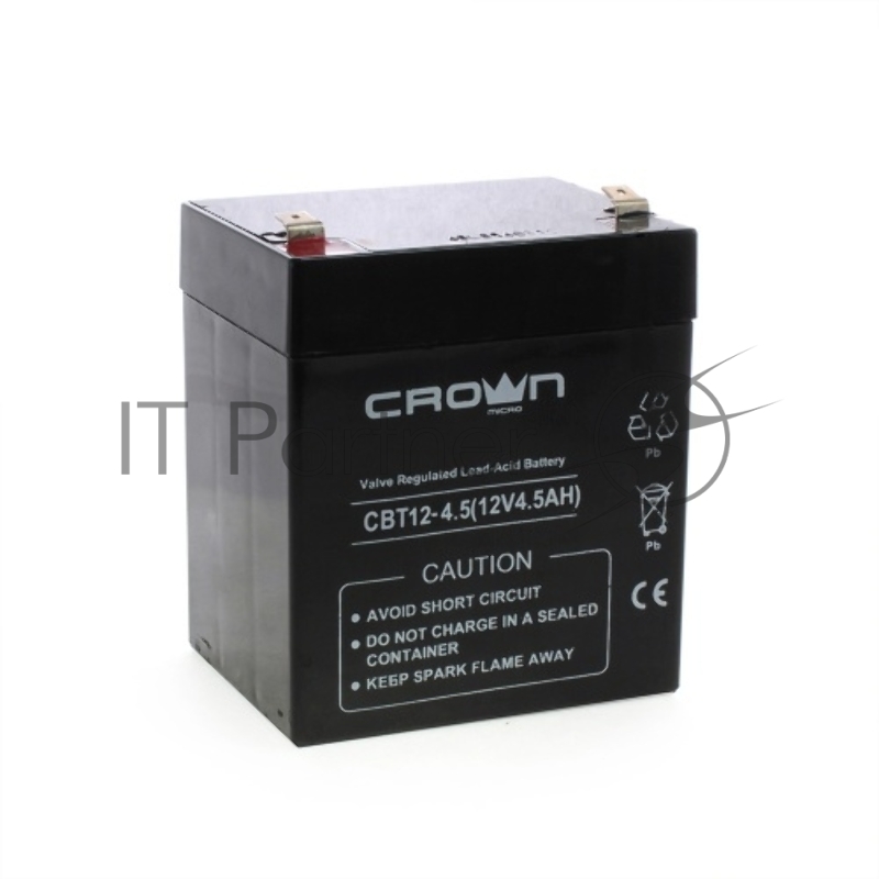 Батарея для ИБП CROWN CBT-12-4.5, напряжение 12В, емкость4,5 А/Ч, размеры (мм)90х70х101, вес 1,48 кг, тип клеммы - F2, тип АКБ - свинцово кислотная с загущеным электролитом в гель, срок службы 6 лет