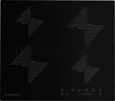 Индукционная варочная панель Kuppersberg ICS 604/ширина 60 см, 2 зоны 1,5 кВт(BOOSTER 2 кВт), 2 зоны 2 кВт(BOOSTER 3 кВт),электронное сенсорное управление + слайдер, 5 цифровых дисплев, 9 уровней мощности,автоматическое отключение,автоматика закипания,защита от детей/блокировка панели управления,индикаторы остаточного тепла, Таймер, Stop & Go, цвет черный/прямой край