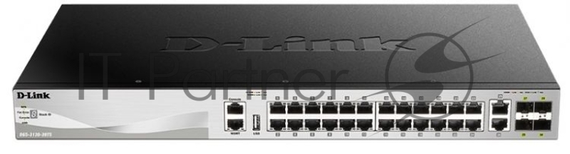 Коммутатор D-Link DGS-3130-30TS/A1A, L2+ Managed Switch with 24 10/100/1000Base-T ports and 2 10GBase-T ports and 4 10GBase-X SFP+ ports.16K Mac address, SIM,  USB port, IPv6, SSL v3, 802.1Q VLAN,GVRP, 802.1v P