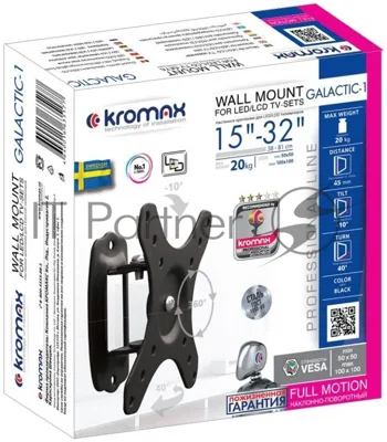 Кронштейн для телевизора Kromax GALACTIC-1 new черный 15"-32" макс.20кг настенный поворот и наклон