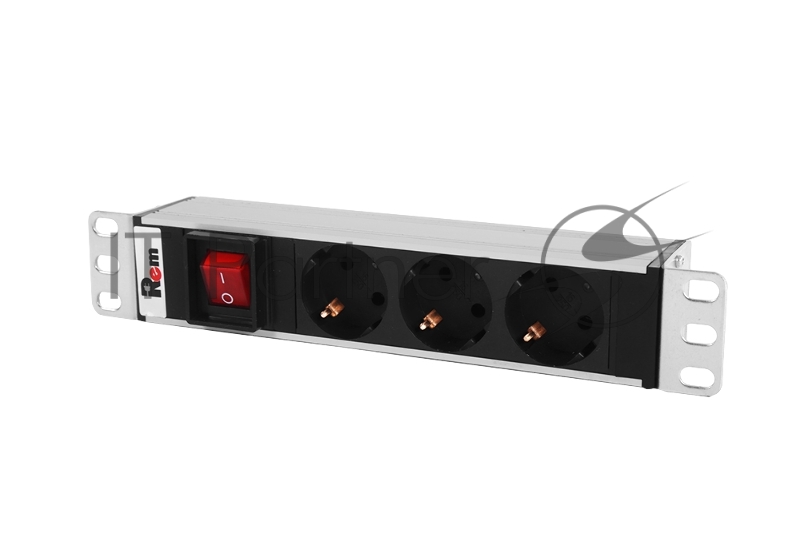 Блок розеток ЦМО Rem-10 без шнура с выкл., 3 Schuko, вход IEC 60320 C14, 10A, алюм., 10" (R-10-3S-V-220-Z)