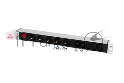 Блок розеток ЦМОRem-10 без шнура с выкл., 5 Schuko, 5 IEC 60320 C13, вход IEC 60320 C14, 10A, алюм., 19" (R-10-5S-5C13-V-440-Z)
