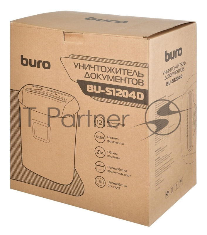 Шредер Buro Office BU-S1204D (секр.P-4)/фрагменты/12лист./21лтр./пл.карты/CD