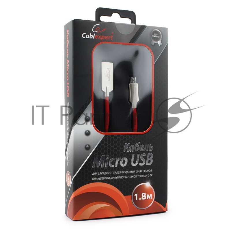 Кабель USB2.0 Cablexpert CC-P-mUSB02R-1.8M, AM/microB, серия Platinum, длина 1.8м, красный, блистер