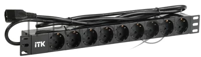 Блок 9 розеток DIN49440 (нем. cтанд.) 1U, шнур 2м вилка IEC 320 C14, профиль из ПВХ, черный PDU 9 розеток DIN49440 (нем. cтанд.) 1U, шнур 2м вилка IEC 320 C14, профиль из ПВХ, черный