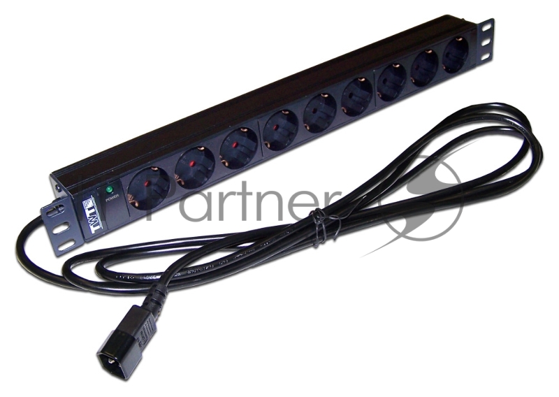 Блок розеток 19" 9 шт. без выключателя, 10A 250V, шнур питания с вилкой C14, 3.0 м