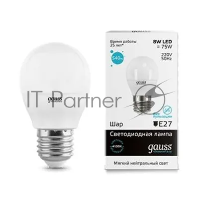 Лампа светодиодная Gauss LED Elementary Шар 8W E27 540lm 4100K 1/10/100 0