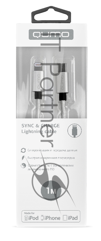 Кабель Qumo MFI, Type-С -Apple 8 pin, 1м, Type-C, 5В, 2,4А, 12W, нейлоновая оплетка, металлический коннектор, серебро