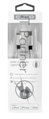 Кабель Qumo MFI, Type-С -Apple 8 pin, 1м, Type-C, 5В, 2,4А, 12W, нейлоновая оплетка, металлический коннектор, серебро
