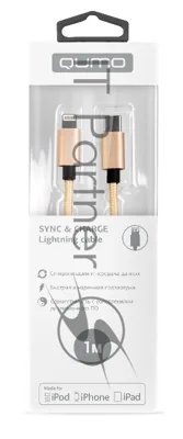 Кабель Qumo MFI, Type-С -Apple 8 pin, 1м, Type-C, 5В, 2,4А, 12W, нейлоновая оплетка, металлический коннектор, золото