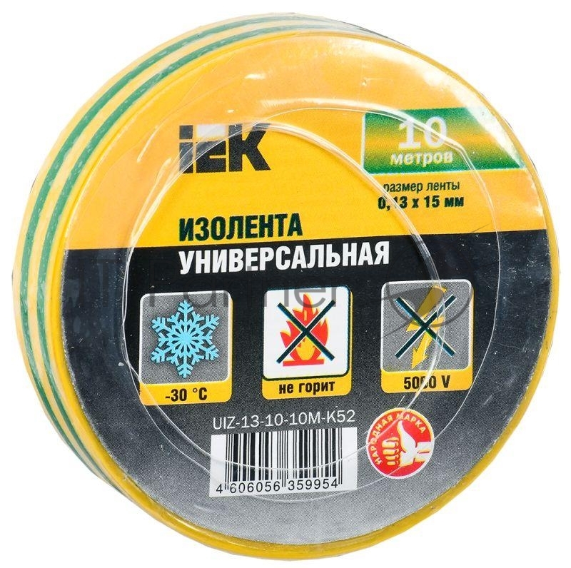 Изолента IEK UIZ-13-10-10M-K52 0,13х15 мм желто-зеленая 10 метров